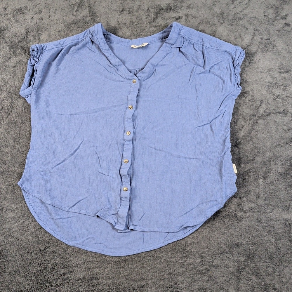 Orvis Women Large Vneck Button Short Sleeve Shirt Blue